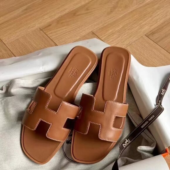 Hermes Brown Leather Slide Sandals - Picture 1 of 5